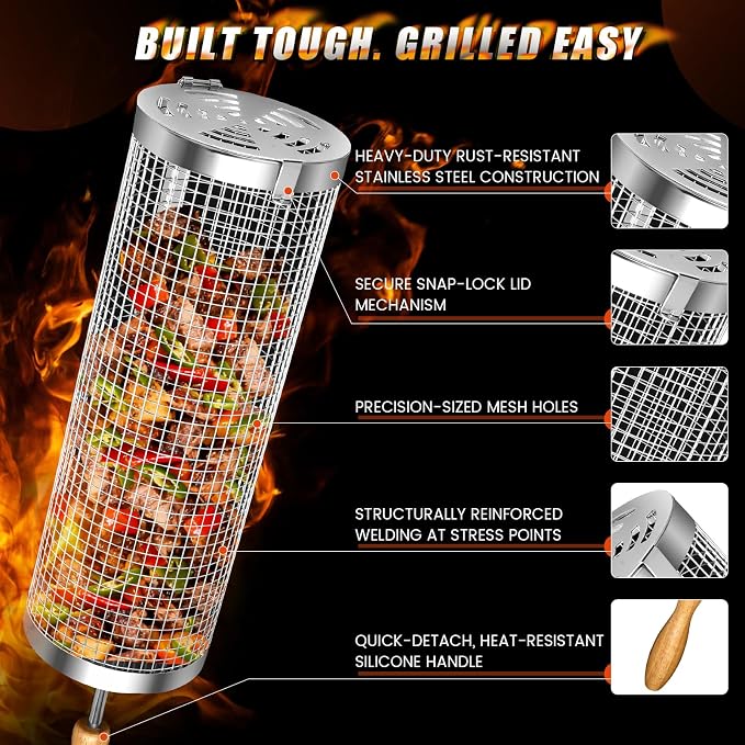 Rolling BBQ Basket for Outdoor Grill, Grilling for Vegetable/Veggies 2pcs | Stainless Steel Roll Barbeque Basket with Handle Heat Resistant, Non-slip Large Capacity to Grill Seafood Sausage for Camping