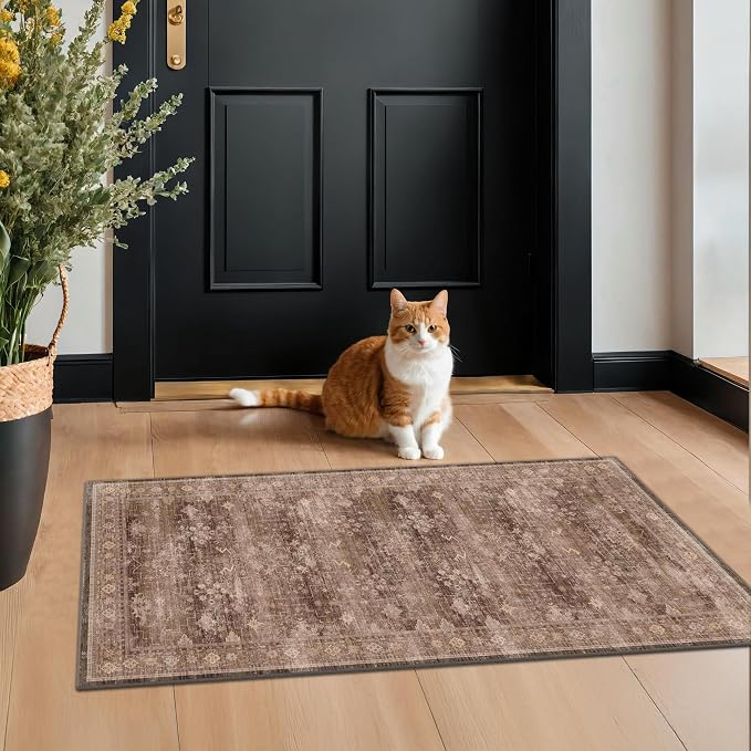 Brown 2x4 Entryway Runner Rugs, Small Runners for Kitchen, Door Mat Indoor Entrance, Bathroom, Non-Slip Low-Pile Washable Stain Resistant, Vintage Taupe Earthy Decor