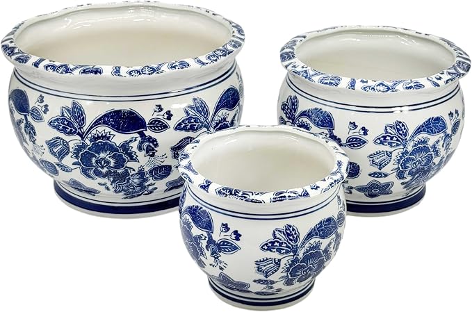 Galt International Floral Blue & White Round Porcelain Ceramic Plant Flower Planter Pot Set of 3 (8", 10", 12") Garden Pots Chinese Asian Design