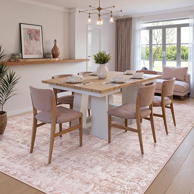 Lahome Pink Rug 6x9 Area Rugs, Soft Washable Rugs for Girls Bedroom | Living Room Rug Non Slip Ultra Thin, Boho Playroom Farmhouse Stain Resistant Carpet for Office Aube (Pink, 6'X9')