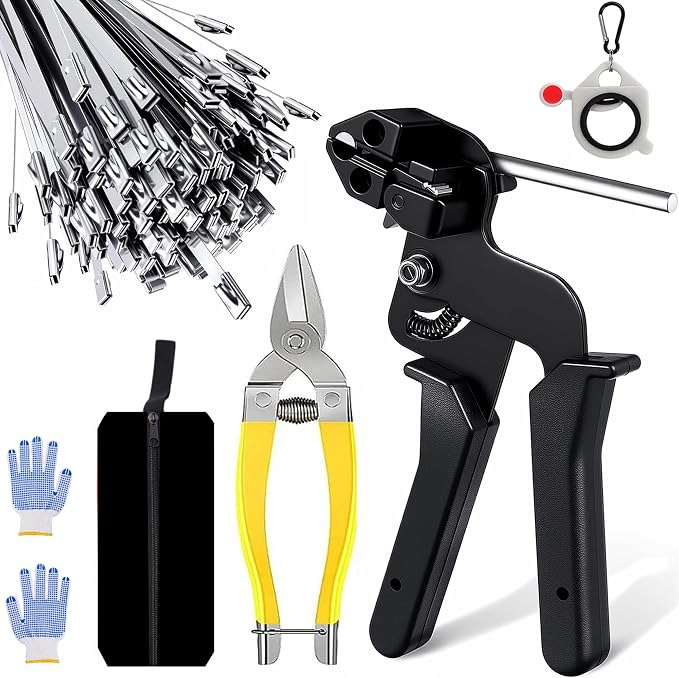 Stainless Steel Cable Tie Gun Kit,100pcs 11.8inch Metal Zip Ties | Self-Locking, UV & Corrosion Resistant, Stainless Steel Zip Ties for Fence, Exhaust Wrap, Chicken Coop, Farm Use