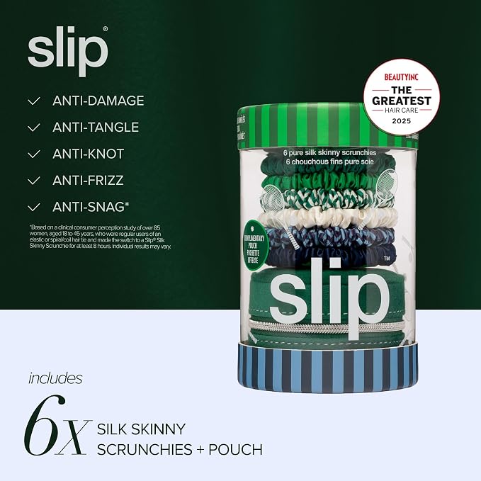 slip Skinny Scrunchies: Anti-Crease, Anti-Breakage Slipsilk™ Design Protects Delicate Hair | Includes 6 Pure Silk Scrunchies & Complementary Pouch, Hair on Point