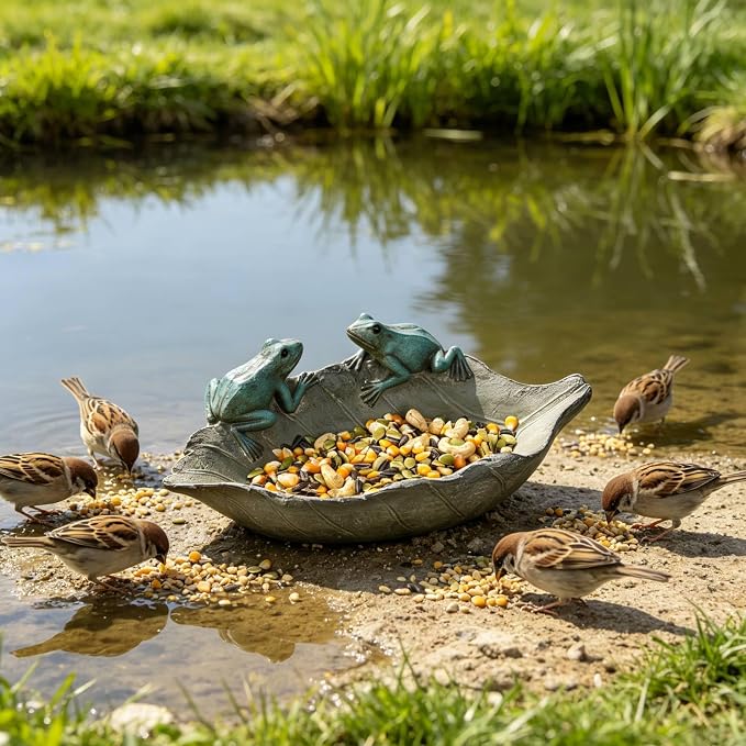 Bird-Feeder Wild Birdbath Bowl Outdoors - Garden Decor Birdfeeder for Outdoor Polyresin Frogs on Leaf Bath Bowl for Outside Yard Table Decor 12 x 7.25 x 3.5 inch Newman House Studio