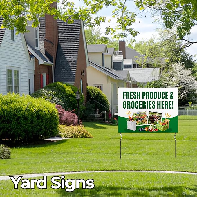 Fresh Produce & Groceries Here! Yard Sign by DC | 24"x18" Double Sided Conv. Store Garden Sign with 13” Metal Stakes | Outdoor Signs Waterproof for Lawn, Patio, Sidewalk & House | Set of 3