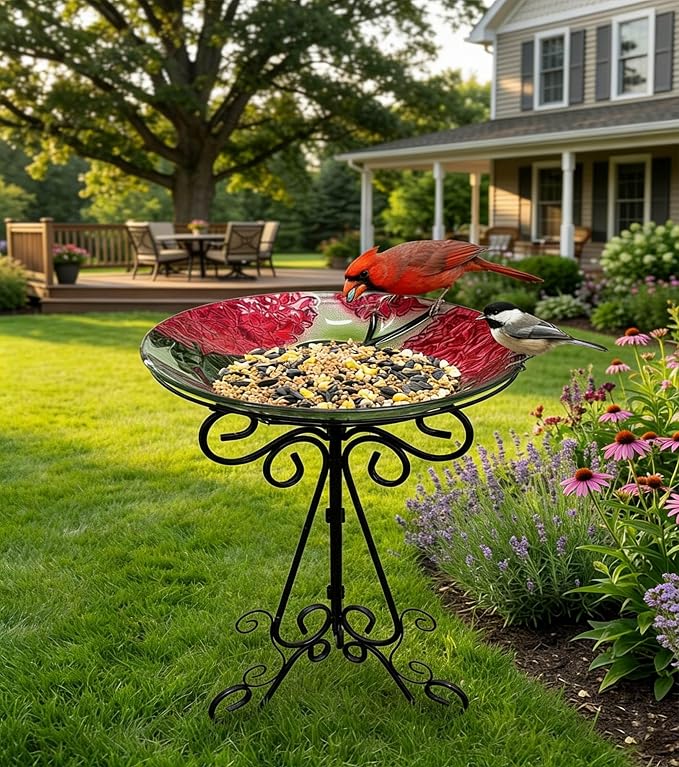 Large Bird Bath for Outside, 18" D Glass Bath Bowl with Metal Stand 28" H Standing Outdoor Birdbaths for Garden Yard Lawn Decor, Hummingbird-Red-New