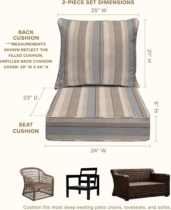 Honeycomb Outdoor Heritage Deep Seat, 24 x 23, Stripe Taupe Chair Cushion with Removable Cover, for Patio Furniture