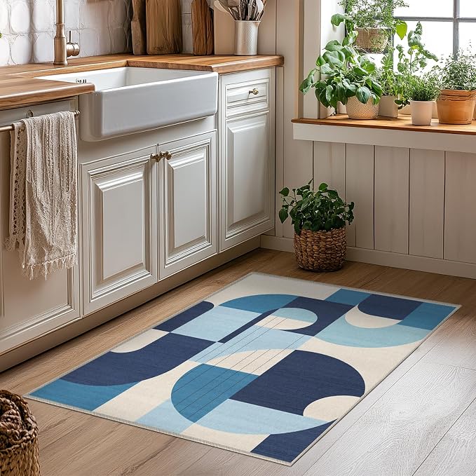 2x3 Blue and White Geometric Rug for Bathroom Entryway Abstract Modern Area Rug Machine Washable Mat Non-Slip Small Carpet for Bedroom Kitchen Indoor