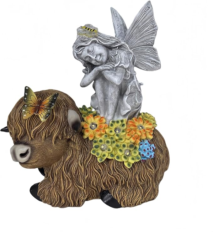 Angel Garden Decor Statue Solar Angel Sitting on Highland Cow Succulent Butterfly Bee LED Lights Outdoor Decorations for Yard Patio Housewarming Gift for Mom Women