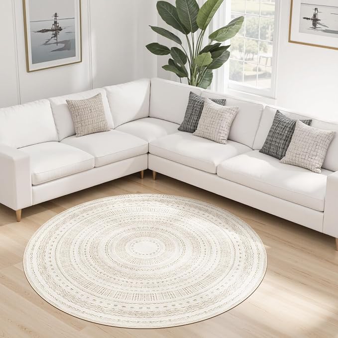 cotiled 5x5 Round Rug 5ft Circle Living Room Boho Area Rugs | Solve Modern Neutral Trendy Home Decor - Washable Foldable Indoor Carpet for Dining Bedroom Entryway Home Office Brown Cream