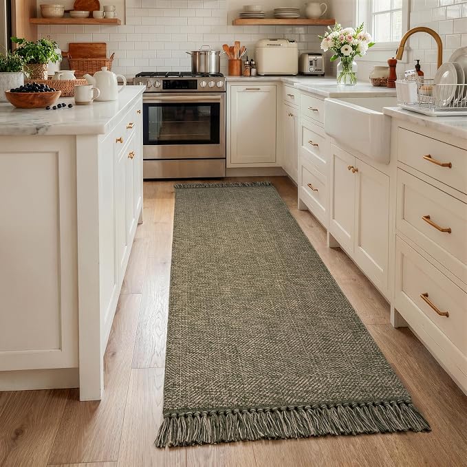Boho Hallway Runner Rug, 2.6' x 7' Moss Green Bathroom Mats | Washable Modern Farmhouse Kitchen Runner Rugs, Hand Woven Entry Hall Carpet for Laundry Bedroom Decor