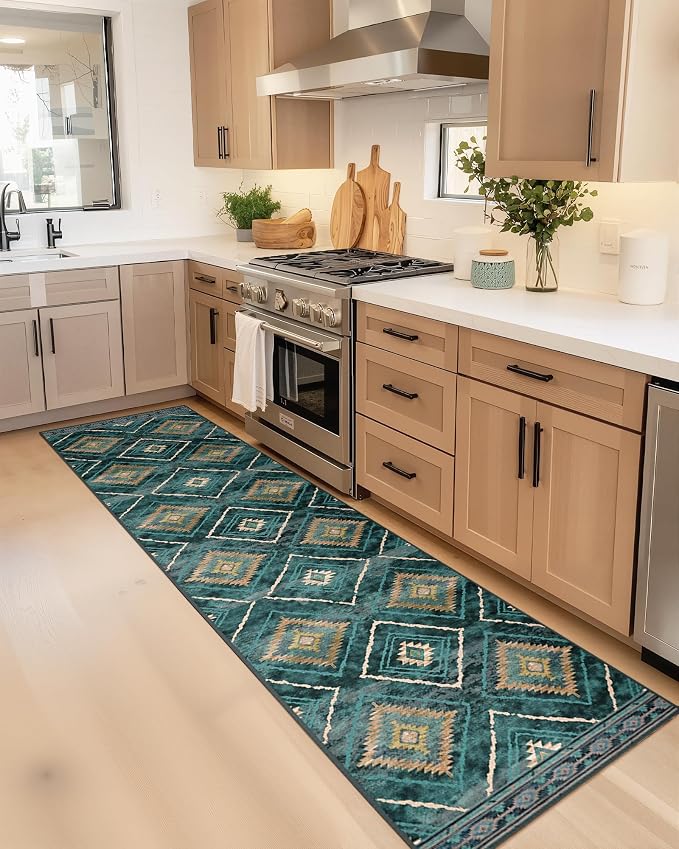 2'x10' Washable Area Rug for Living Room Runner Teal/Green | Soft Western No Slip Low Pile Print Foldable Indoor Small Rug for Kitchen entrance entryway hallway