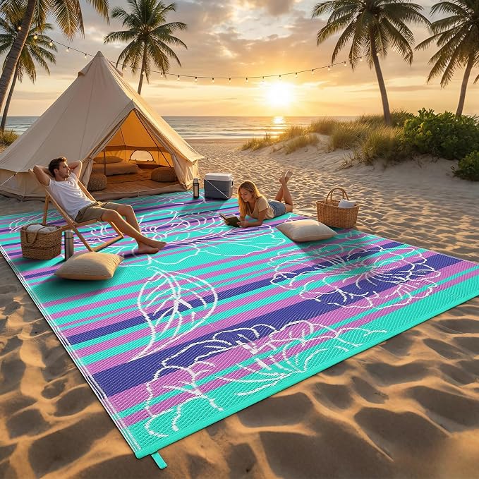 Garvee 8x10 Outdoor Waterproof Rug, Floral Outdoor Area Rug，Reversible Plastic Straw Patio Rug, Portable Camping Mat for RV, Picnic, Beach, Balcony, Garden & Camping Purple&Blue