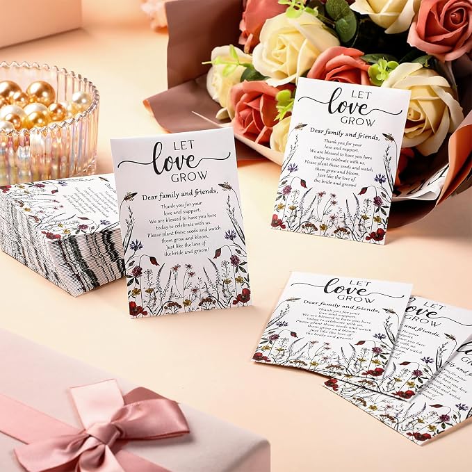 Fullhawl 50 Packs Wedding Favors for Guests Let Love Grow Seed Packet Kraft Bags Wildflower Seed Envelopes Resealable Blank Empty Organizer Storage Bag for Wedding Party Bridal Shower Gift