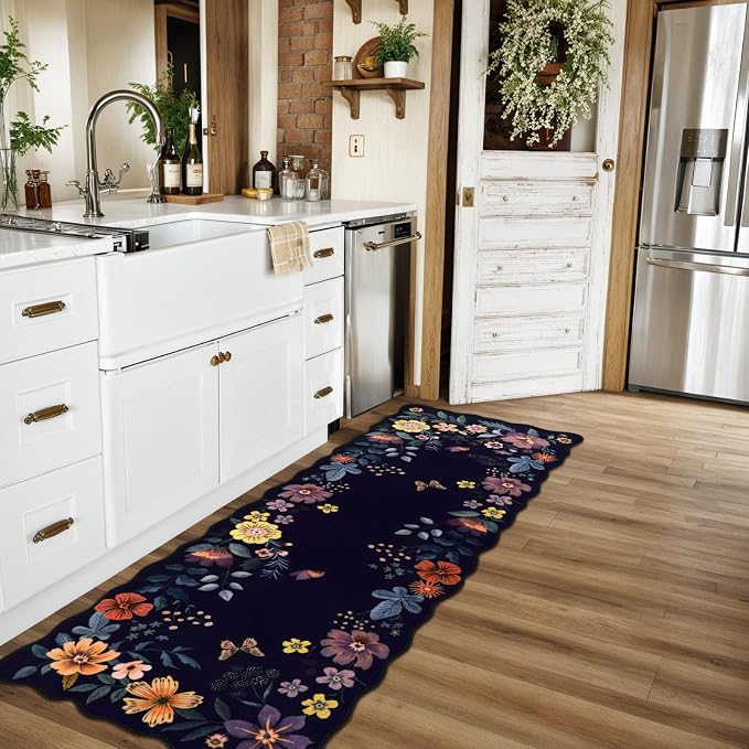 Lahome Floral Kitchen Runner, 2X6 Purple Washable Runner Rug Non-Slip | Ultra-Thin Soft Hallway Rug Stain Resistant Boho Low-Pile Carpet for Laundry Bathroom Bedroom Flore (2x6ft, Purple)