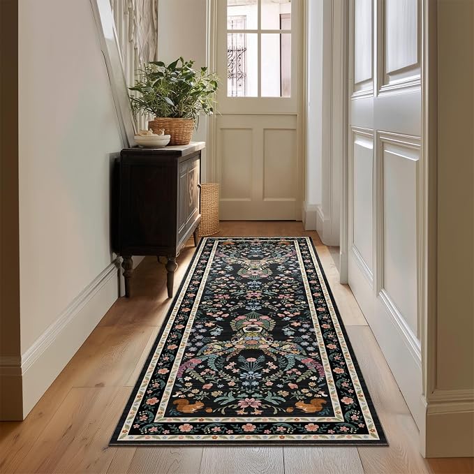 Area Rug Hallway Vintage Floral Deer Pattern 2x6 - Bohemian Forest Animal Carpet with Squirrel & Butterfly, Soft Decorative Area Rug for Living Room Bedroom Home Decor