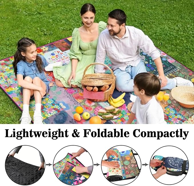 Picnic Blankets Waterproof Foldable Extra Large,80"x 80" Outdoor Beach Blanket Sandproof,3-Layer Lightweight Handy Mat Tote Picnic Camping Rugs for Outside Your Rv (Boho Vintage Floral Muticolor)