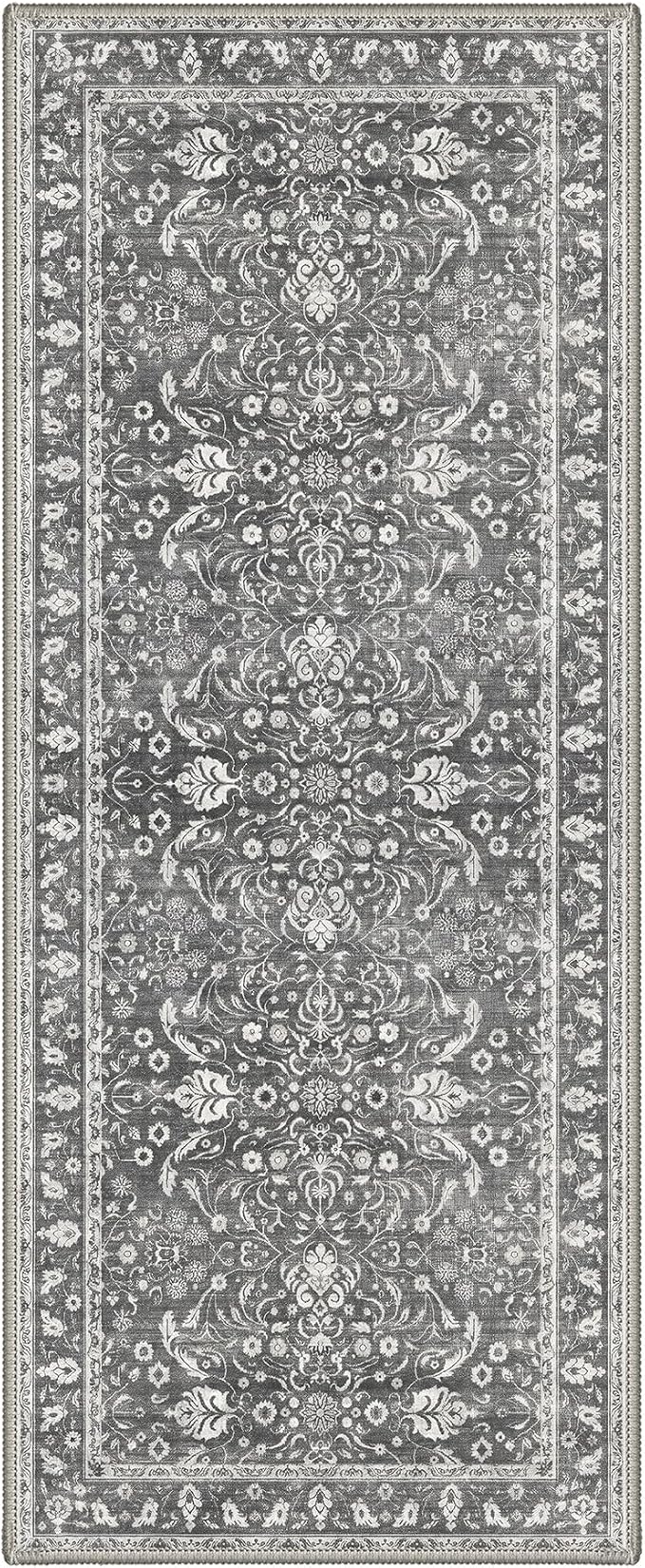 2X5 Washable Hallway Runner Rug, Boho Floral Non Slip | Charcoal Gray Floral Runner, Soft Faux Wool Rug for Corridor Kitchen Entryway,Stain Resistant,Pet-Friendly,Non-Shedding