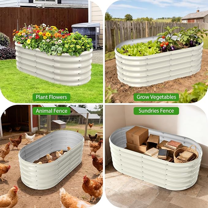 YSEJOMP 17" Tall Outdoor Garden Raised Garden Bed Kits, 4ft X 2ft Oval,0.8MM Thick Metal Raised Planter Bed/Ground Planter Box for Variety of Flowers,Herbs,Vegetables (Cream White, 48X24X16.5 Inches)