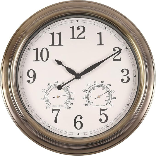 16 Inch Outdoor Clocks, Metal-Frame Outdoor Clocks Waterproof, Silent Outdoor Wall Clock for Patio Pool, Bronze