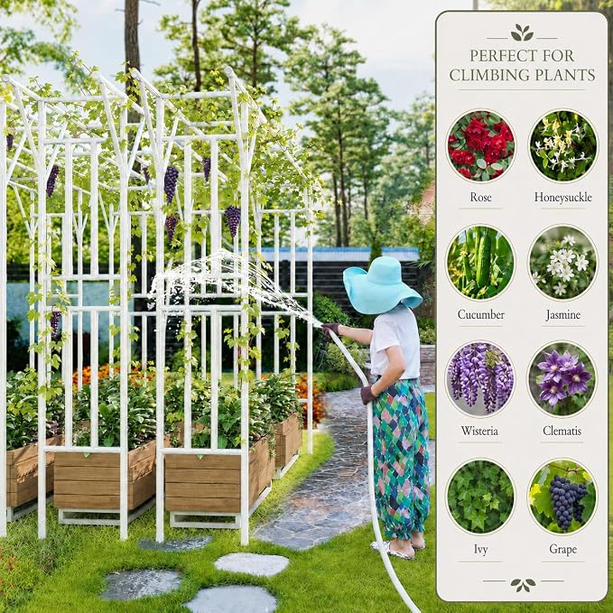 Flat Top Garden Arch Trellis Pergola, 11.8 x 9.02 FT Large Metal Arbor for Climbing Plants, Plastic-Coated Galvanized Steel Frame, Outdoor Decorative Arch for Garden, Backyard, Lawn (White)
