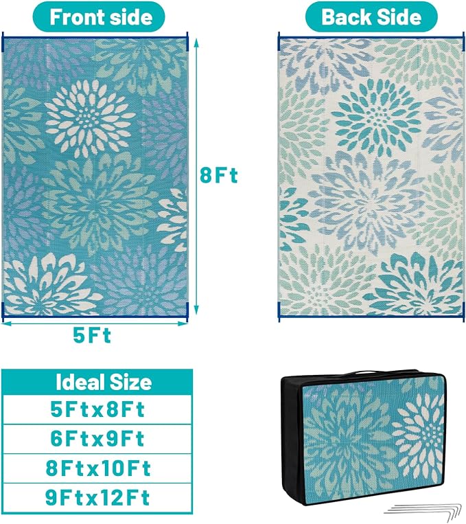 HEBE Waterproof Outdoor Rug 5x8 for Patios, Floral Reversible Plastic Straw Rug Patio Mat, Indoor Outdoor Carpet RV Mat Camping Rug for Deck, Camper, Porch, Balcony, Backyard, Picnic