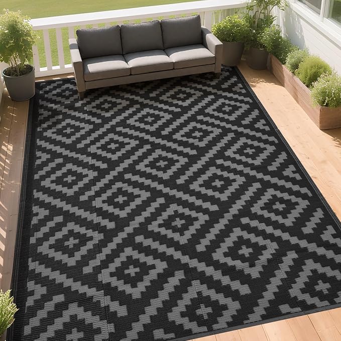 RURALITY Outdoor Rugs 5x8 Feet for Patios Clearance,Plastic Straw Waterproof Mats for Backyard,Porch,Deck,Balcony,Black&Deep Grey