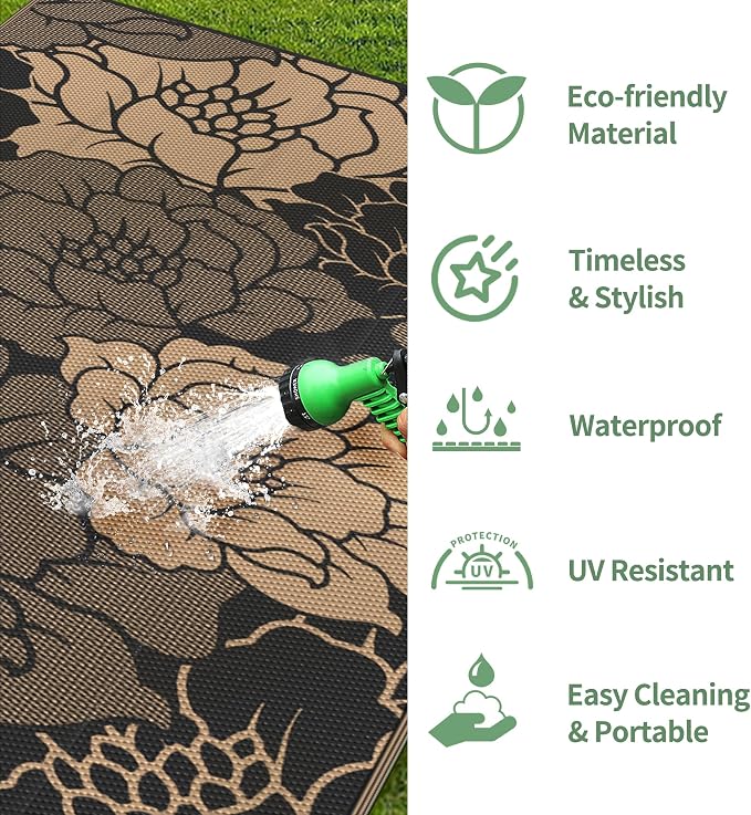GENIMO Outdoor Rug Waterproof for Patio Decor, 9' x 12' Reversible Plastic Straw Floral Camping Carpet, Large Area Rugs Mats for RV, Camper, Deck, Balcony, Porch, Beach, Picnic, Mix-Black & Brown