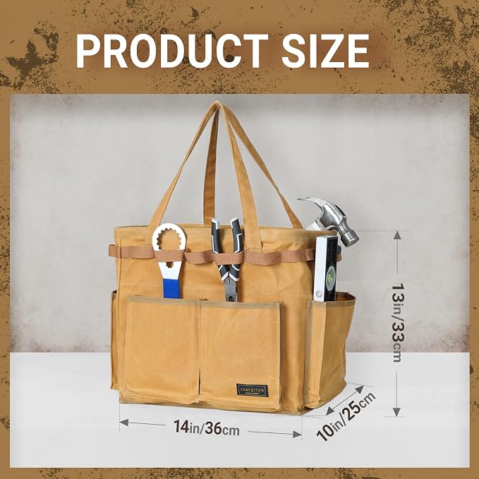 Water Resistant Gardening Tool Bag with Handles - 6 Pockets Utility Self-Standing Organizer for Camping/Garden/Car Storage, 14" x 13" x 10" | Khaki