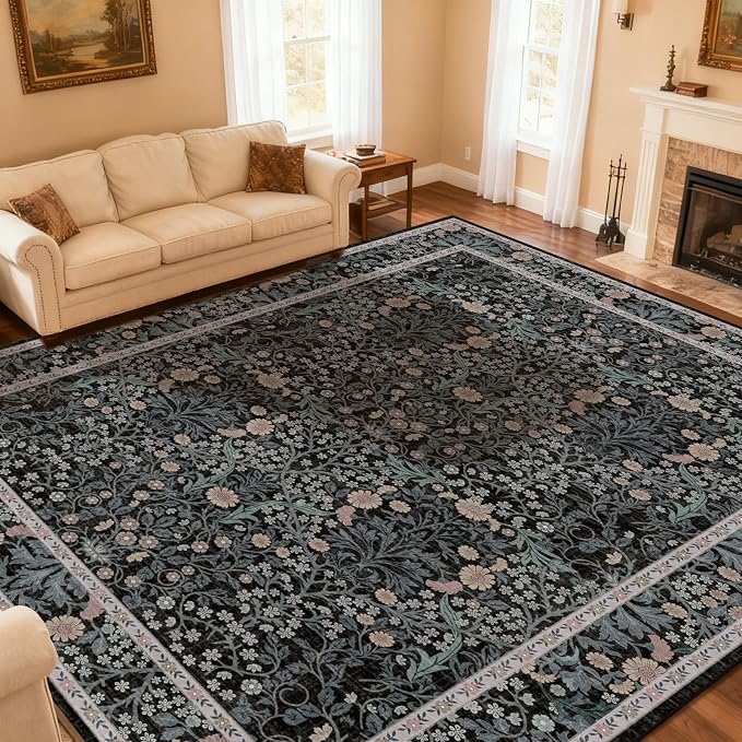 Extra Large 10x14 Area Rug for Living Room, Washable Rugs for Dining Room, Bedroom, Non Slip Stain Resistant Carpet, Low Pile Vintage Floral Rug (Black)