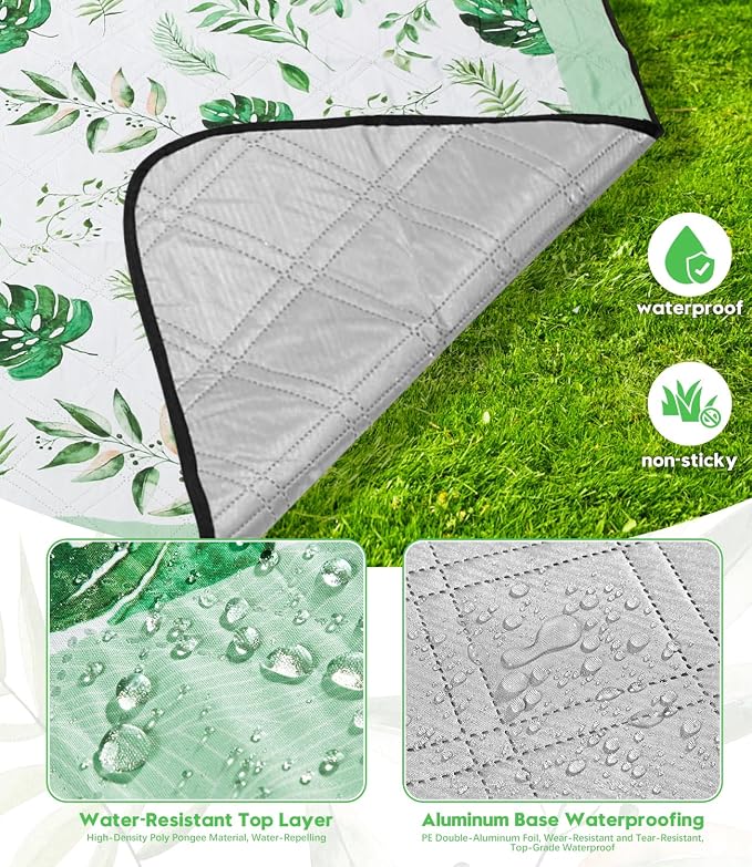 DEWUR Picnic Blankets 79"x79" Extra Large Outdoor Blanket Beach Blanket Waterproof SandProof Picnic Mat Washable Foldable Portable for Grass Lawn Beach Camping (Green with Leaves)