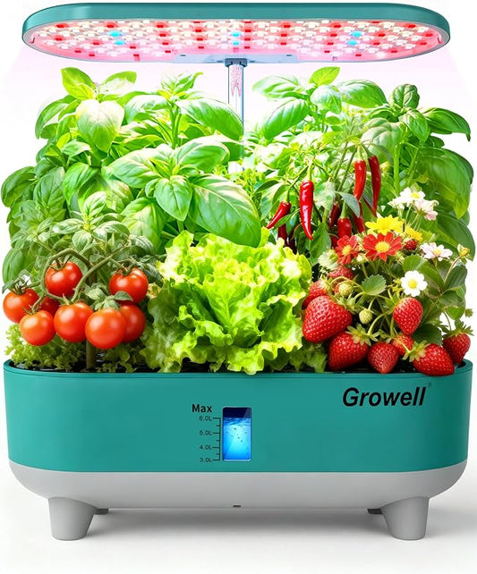 Growell 16 Pods Hydroponics Growing System Kit with 3 Light Modes & 2 Timer | Smart Water Circulation, LED Grow Light, 8L Large Water Tank, Coutertop, Indoor Herb Garden, Perfect Gardening Gifts, Green