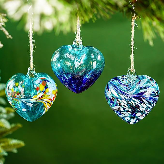 Set of 3 Handmade Glass Heart Ornament 3.9 Inch Blue Friendship Heart Balls | Hand-Blown Craftsmanship, Easy-Hang Lanyard Design for Indoor & Outdoor Hanging