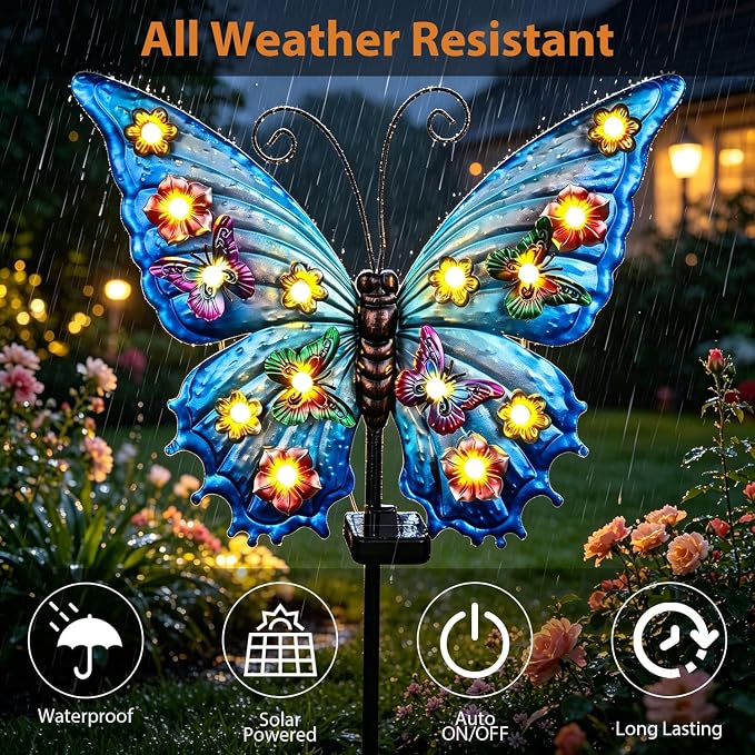 Butterfly Solar Lights Outdoor Waterproof 50.0" Large with String Bulbs and Flowers, Solar Garden Stakes Butterfly Yard Decor Gardening Gifts for Women Mom Grandma Gardeners Enthusiasts