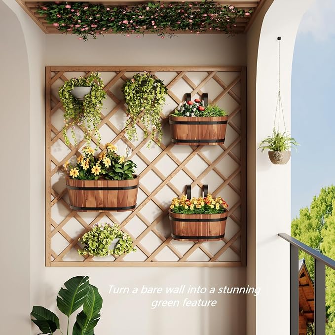 2PACK Wooden Cute Hanging Flower Pots for Railing Fence Outdoor Planter Railing Planter Boxes for Plants Wall Planters Window Flower Box Hanging Bucket Pots Countryside plant Holder (Brown,2pcs,Large)