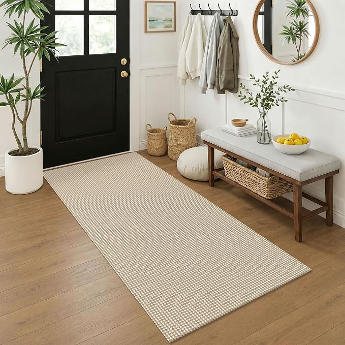 KOZYFLY 3x6 Washable Runner Rug, Non Slip Wide Runners for Hallway, Woven Large Entryway Runners, Braided Floor Carpet Runner for Entry, Kitchen, Bedside, Hall, Ivory/Camel/Brown