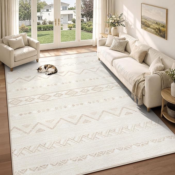 Zomfy Living Room Rug 5x7 Area Rugs Washable Rug(CreamBeige, 5'x7') | Geometric Boho Modern Rugs Neutral Non Slip Soft Carpet Low Pile No Shedding Print Rug for Bedroom Dining Room Home Office