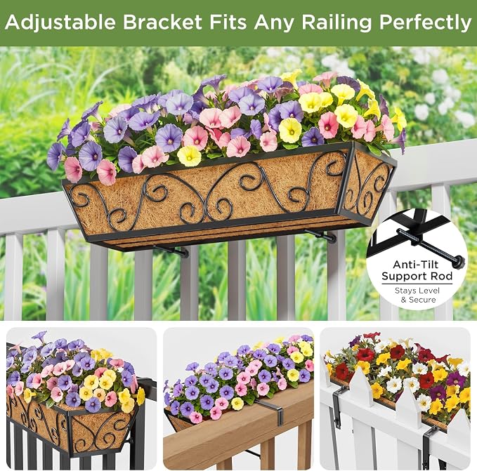 Y&M Outdoor Rectangular Window Box Planter, 24-Inch 2PCS Deck Railing Planter Boxes & Hanging Railing Planters with Coco Coir Liner, Rust-Resistant Steel, Large Capacity for Balcony, Porch, and Garden