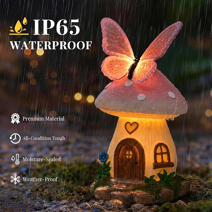 GIGALUMI Fairy Garden Houses Mushroom 9.3",Garden Statues,Fairy Houses for Outside, Butterfly House, Mushroom Decor for Yard, Patio and Birthday Gifts for Mom Women（Pink）