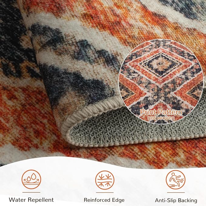 Area Rug 8x10 Rug Machine Washable Non-Slip Low Pile Print Pattern Western Rug for Living Room Bedroom Entryway Tribal Series -Orange/Brown | Soft Western No Slip Low Pile Print Foldable Indoor for Kitchen Dining Room