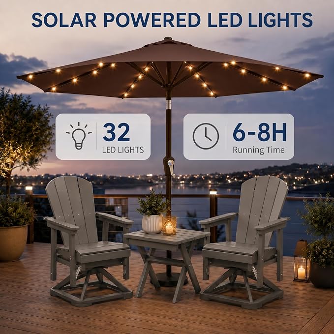 10FT Solar Patio Umbrella with Lights, Outdoor Table Market Umbrella with 32 LED Lights, 8 Sturdy Ribs, Push Button Tilt and Crank for Pool, Deck and Garden, UV-Resistant