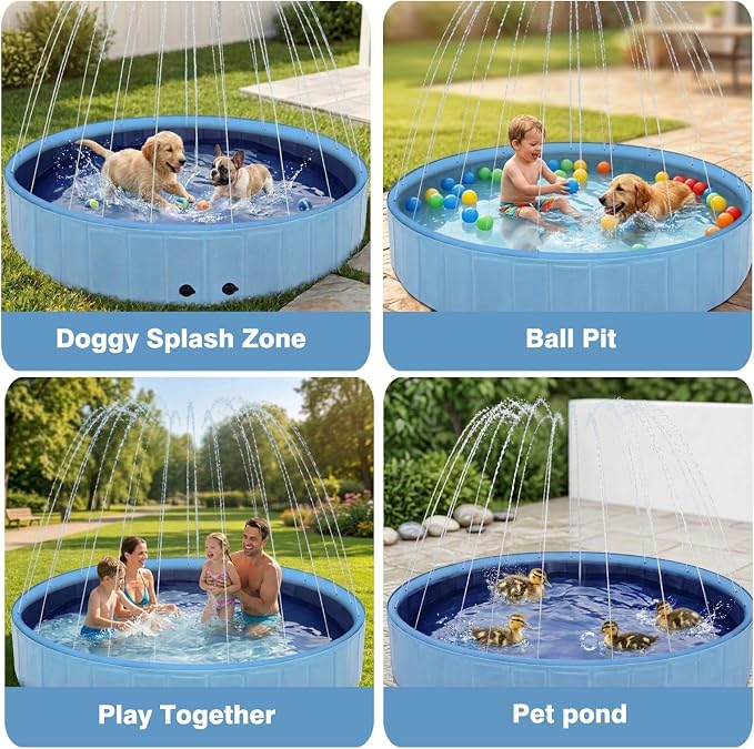 Eooqi Foldable Dog Pool with Sprinkler, Extra Large Thickened Splash Pool | 2-in-1 Outdoor Summer Water Play Toy, Non-Slip Hard-Side Kiddie Pool for Backyard Dogs, Kids & Pets (Blue, 63''-2XL)