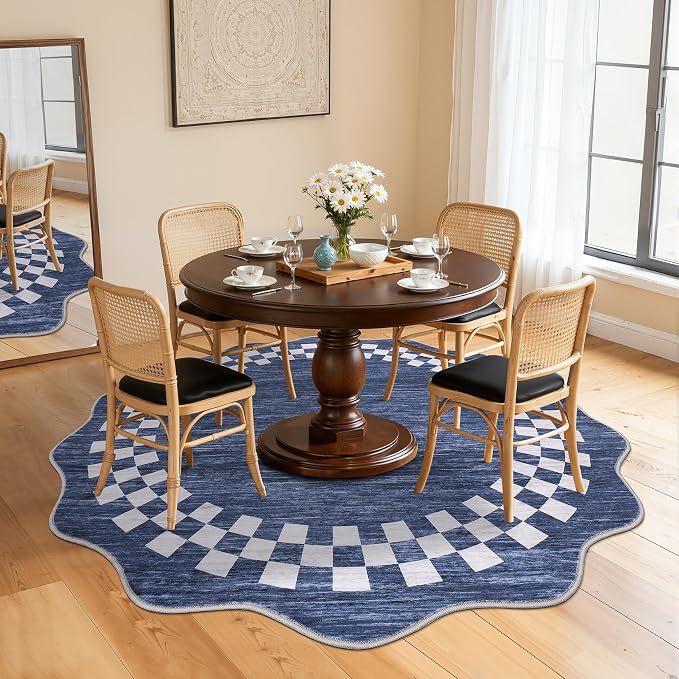 GarveeHome Scalloped Round Rug 4ft Washable Modern Solid Color Circle Rugs | Non Slip Low Pile Living Room Throw Carpat Bedroom Scalloped Round Area Rug Stain Resistant Bordered Rug for Kitchen, Blue
