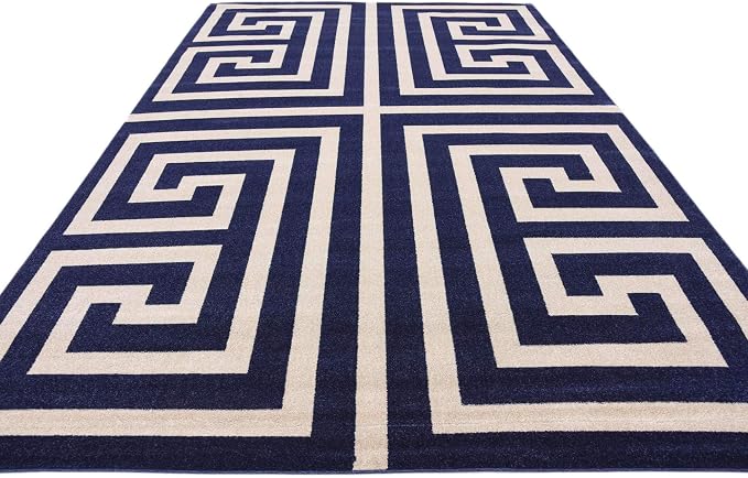 Unique Loom Athens Collection Classic Geometric Modern Border Design Area Rug (8' 0 x 11' 4 Rectangular, Navy Blue/ Beige)