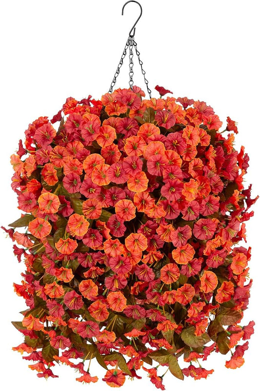INXUGAO Artificial Flowers Plants with Hanging Basket, Fake Realistic Silk Morning Glory Petunia Long Vines, Faux Flower Arrangement for Outdoor Garden Patio Decor, OrangeRed