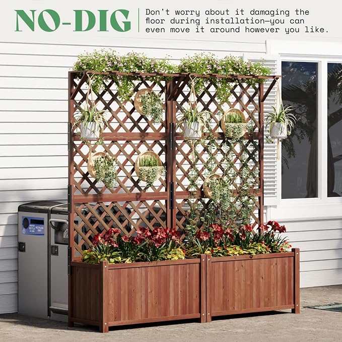 AMERLIFE 2 Pack Raised Garden Bed with Trellis for Vegetables, Climbing Plants, Durable Natural Wood Planter Box with Drainage Holes, Privacy Planter for Outdoor Yard & Patio, Easy Assembly