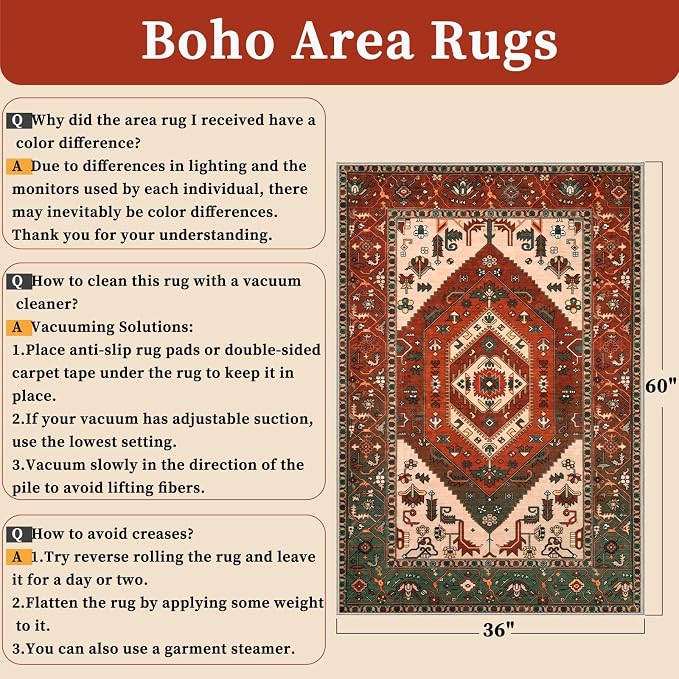 SERISSA Area Rug 3x5 Boho Rugs for Bedroom, Washable Non-Slip Living Room Rug, Ultra Soft Print Distressed Vintage Terracotta Green Rug Low-Pile Throw Carpet for Entry Kitchen Bedroom Nursery Dorm