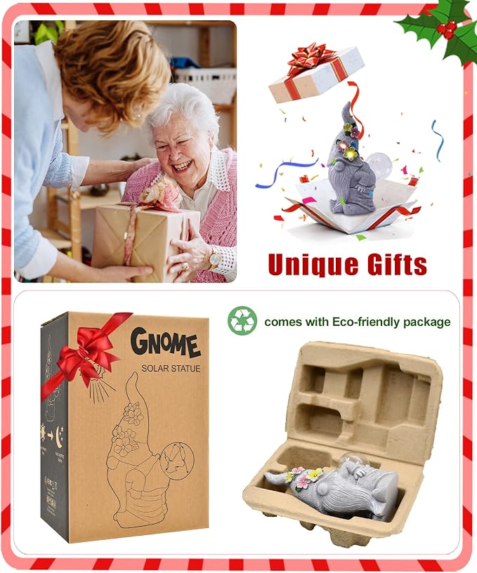 Nacome Solar Funny Gnome for Garden Decor: Durable Resin Statue All-Weather Automatic On/Off Switch Bubble Outdoor Outside Patio Porch Front Pathway - Gifts for Mom Grandma Lady