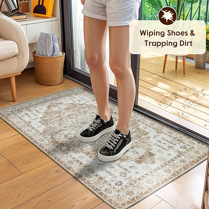 LBRO2M Machine Washable Rug Soft Pet Friendly Carpet 2X3 Cream | Persian Rug 2X3 for Entryway, Kitchen, Bathroom Non Slip Carpet, Foldable Stain Resistant Rugs