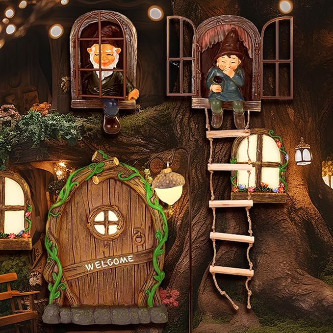 7 Pcs Fairy Garden Accessories Tree Hugger Gnome Statue Fairy Door Window Set Dwarf Elf Landscape Figurine Out The Door Resin Sculpture Hanging Tree Faces Decor for Trees Outdoor Decor