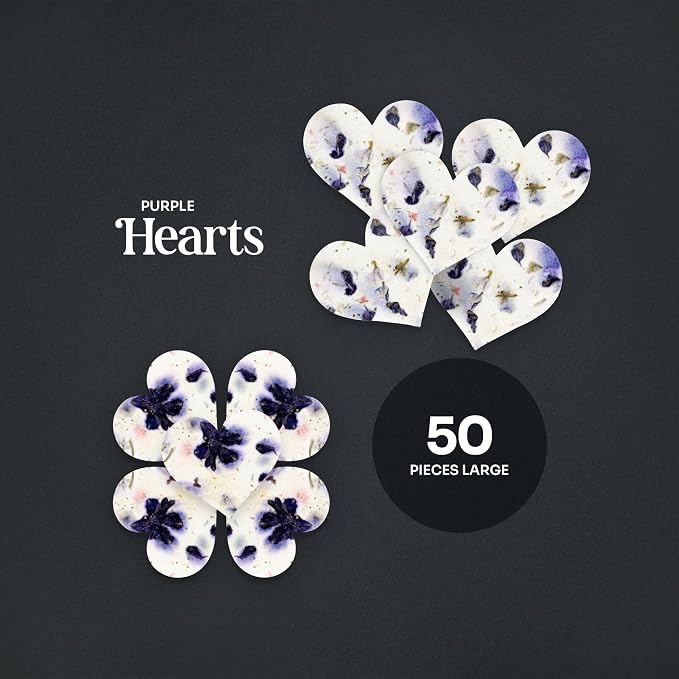50pcs Large (2.5" h x 2.85" w) Purple Heart Gift Wrap Tags Seed Paper – Writable & Plantable Wildflower, Mom's Gift for Birthday, Use for Wedding, Baby Shower, & Party Favors